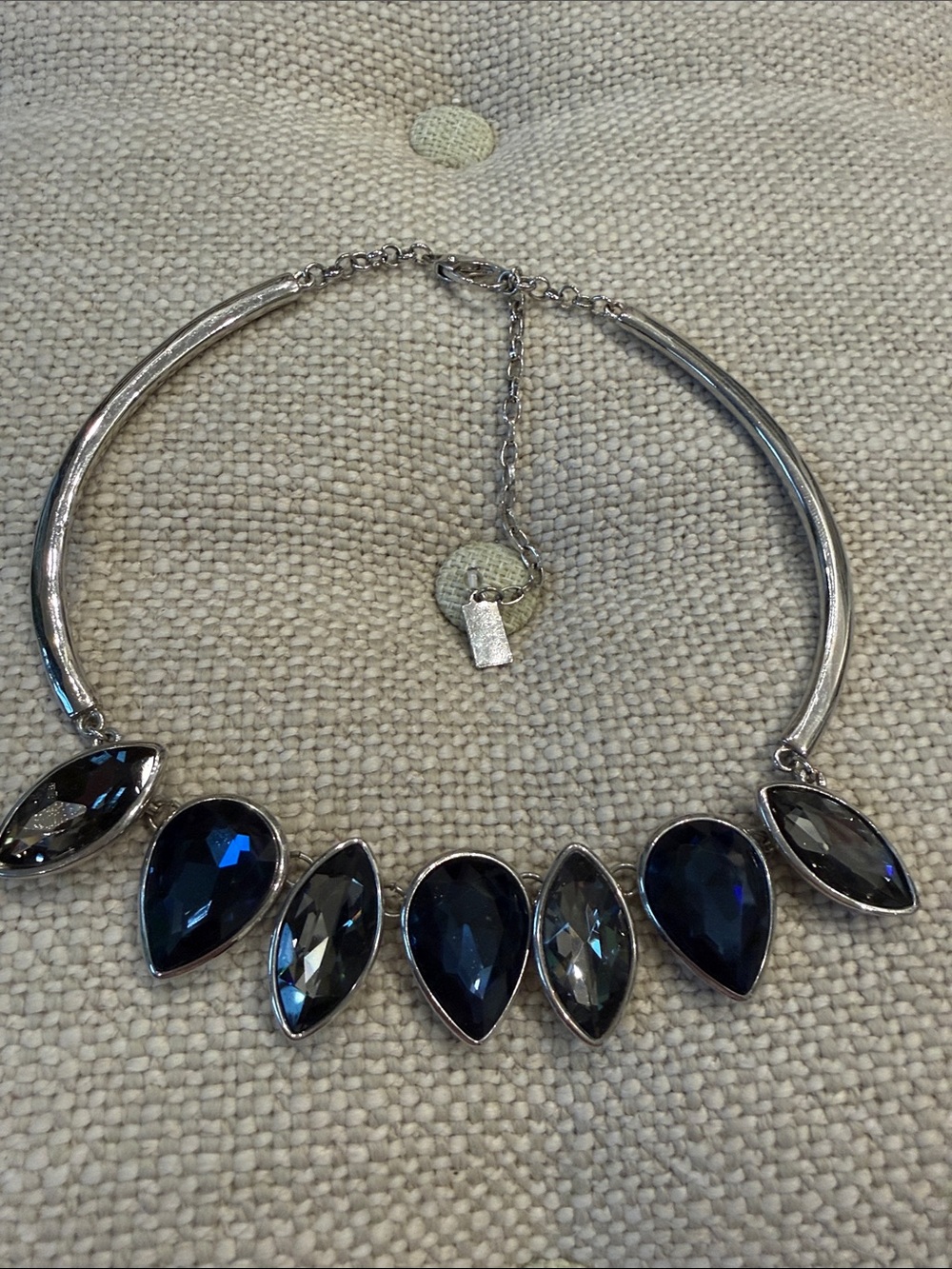 Silver Statement Necklace with Dark Blue Teardrop Stones